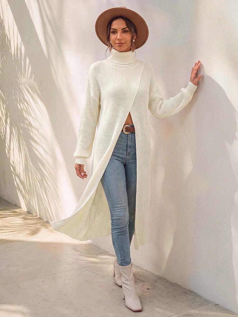 Chiquease Turtleneck Drop Shoulder Wrap Hem Knit Pullover Fall Winter Sweater - Apricot - View 1