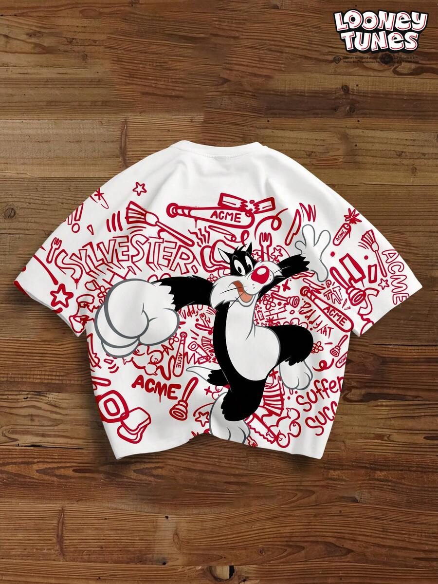 LOONEY TUNES X SHEIN Manfinity Joysei 男士寬鬆版短版T恤，背面字母與卡通圖案印花 - 白色 - 查看 1
