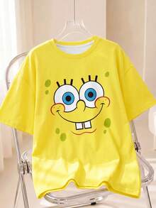 SpongeBob SquarePants | SHEIN Men's Casual Cartoon Print Round Neck Short Sleeve T-Shirt, Versatile For Daily Wear - White - View 1