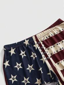 ROMWE Grunge Punk Independence Day Flag Print Punk Metal Rivet Design Sexy Athleisure Streetwear Hot Girl Ultra Low Waist Mini Tight Shorts Holiday Navy Blue Summer - Multicolor - View 3