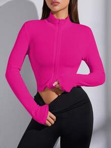 Easithlete Easithlete 女士純色立領長袖拉鍊休閒運動外套 - 玫紅色 - 查看 5