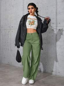SHEIN PETITE 女士休闲宽松阔腿纯色牛仔裤，适合日常通勤 - 軍綠色 - 查看 5