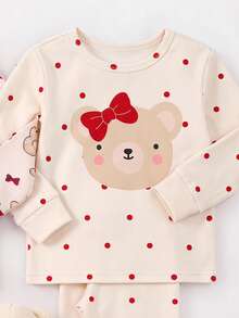 SHEIN 女嬰睡衣 紅色熊與波點印花 2件套 買1送1 修身睡衣家居服 舒適柔軟 - 紅白色 - 查看 3