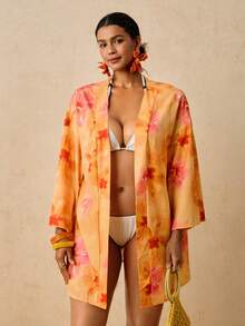 Travachic Baju Penutup Wanita Ukuran Besar Motif Ikan Laut Aprikot, Kimono Longgar Lengan Sedang, Motif Romantis Musim Semi Awal Pantai Pemandian Air Panas - MultiWarna - View 6
