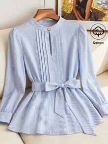 SHEIN Franclia Women's Round Neck Pleated Button-Up Bow Leopard Print Blouse - Blue - View 1
