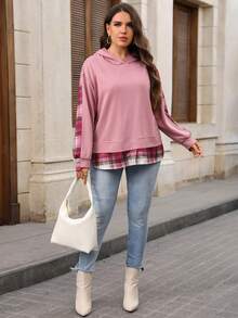 EMERY ROSE Plus Size Women's Blush Pink Plaid Color Block Hooded Long Sleeve Ribbed Cuff Pullover Hoodies Casual Daily Going Out Fall Fashion 2026 - Dusty Pink - View 6