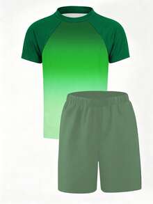 Boys Two Pieces Rash Guard Swimsuits Teen Boy Vacation Short Sleeve Sunsuit Swimwear Sets 12-16Y - Green - View 3
