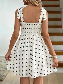 SHEIN LUNE Women's Casual 70s Romantic Cute Summer Vacation Commute Brunch Beach Daily Basic Outing White With Black Polka Dots Sleeveless Tie Waist Short Dress - Black and White - View 3