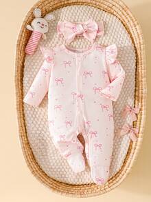 SHEIN Newborn Baby Girl Cute Pink Bowknot Romper & Headband 2pcs Set - Baby Pink - View 5