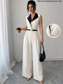 SHEIN Clasi Women's Spring/Summer Fashion Elegant White And Black Striped Asymmetrical Waist-Cinched Jumpsuit, Suitable For Commuting Office, Daily Wear - Khaki - View 1