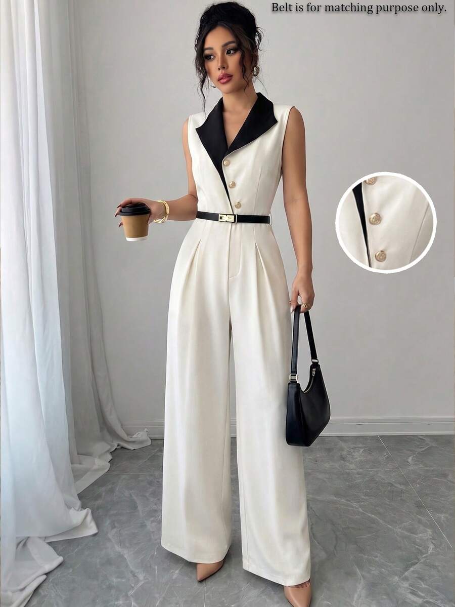 SHEIN Clasi Women's Spring/Summer Fashion Elegant White And Black Striped Asymmetrical Waist-Cinched Jumpsuit, Suitable For Commuting Office, Daily Wear - Khaki - View 1