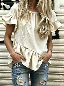 EMERY ROSE Apricot Casual Solid Color Ruffle Hem Blouse For Middle-Aged, Spring/Summer - Apricot - View 7
