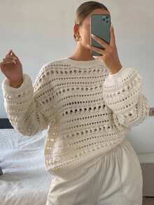 Dazy Plus Solid Color Loose Hollow Out Long Sleeve Casual Vacation Streetwear Autumn/Winter Pullover Knit Sweater - White - View 3