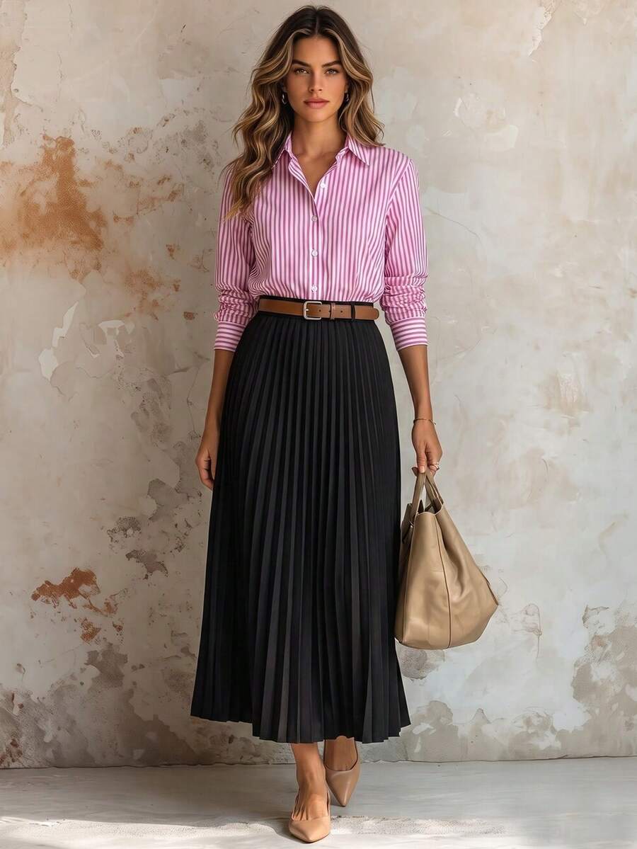 Franclia Elegant Casual Pleated Striped Color Block Dress For Women - Pink - View 1