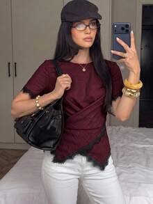 Siren Gaze Blusa Feminina Nova Primavera/Verão com Renda e Patchwork, Cintura Marcada - Vinho - Visão 7