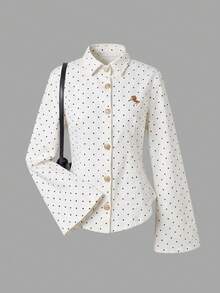 SHEIN MOD 女款優雅復古學院風黑白波點馬術刺繡金屬鈕扣牛仔上衣，秋季外出、校園教師穿搭上衣 - 白色 - 查看 2