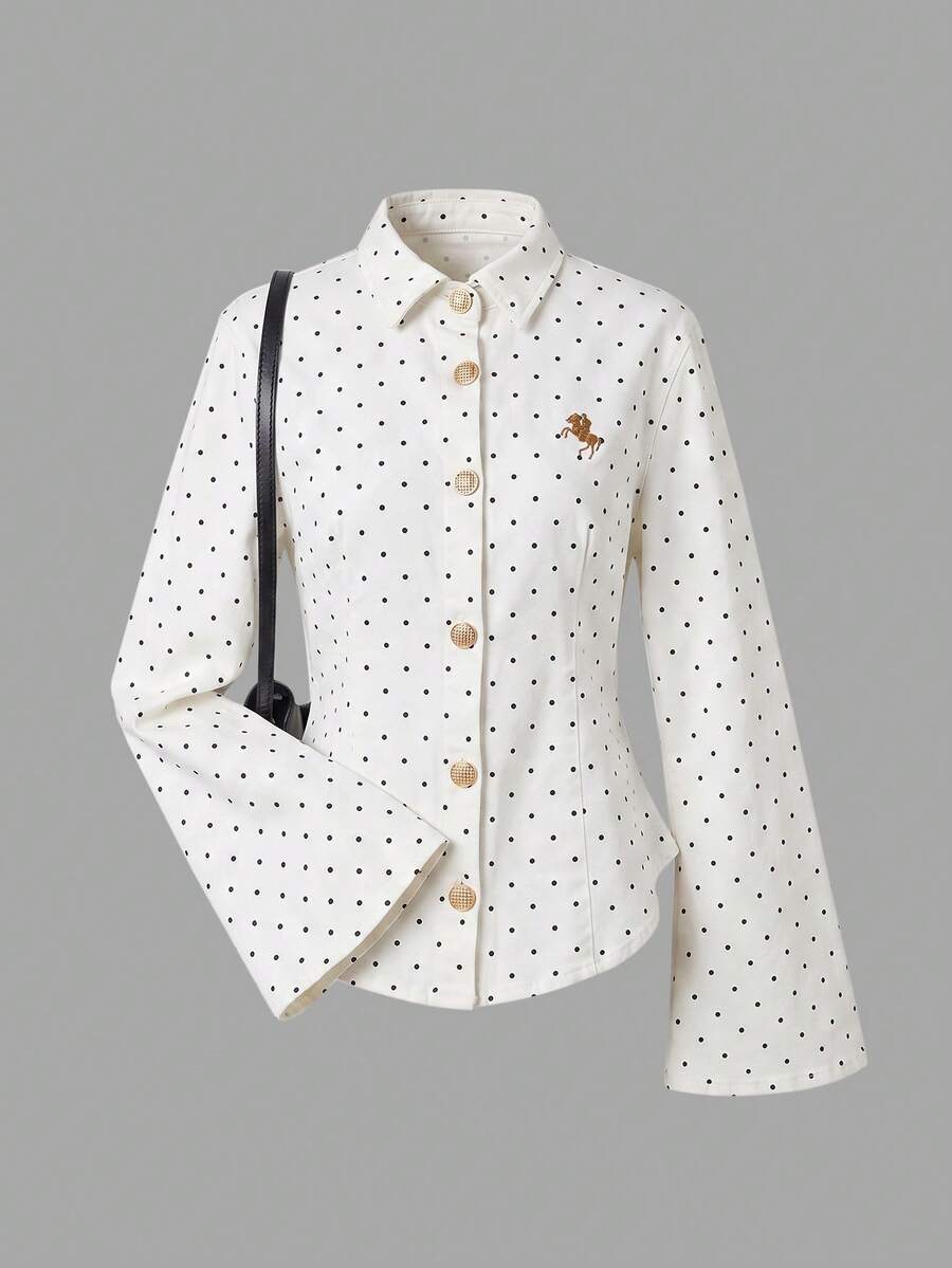 SHEIN MOD 女款優雅復古學院風黑白波點馬術刺繡金屬鈕扣牛仔上衣，秋季外出、校園教師穿搭上衣