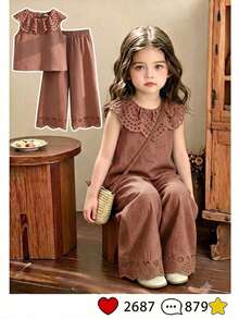 SHEIN Vintaside Kids 2件組少女甜美可愛公主風草莓印花無袖背心與配套長褲套裝，粉色條紋＋3D草莓刺繡＋荷葉領，吸睛設計，適合派對、家庭活動、日常穿著、返校季 - 棕色 - 查看 1