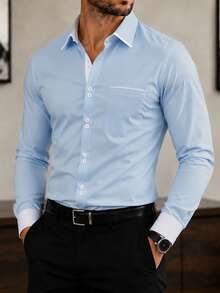 Calvornis Men's Fashionable Color Block Long Sleeve Formal Shirt, Autumn, For Fall Ceremony - Blue and White - View 1