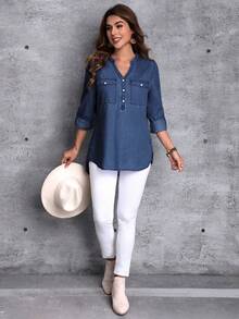 EMERY ROSE Của phụ nữ Cổ áo có khía Tay áo dài Áo denim - Màu xanh lam - Xem 7