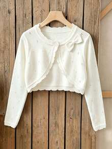 SHEIN Elladie kids 少女蝴蝶結裝飾休閒百搭日常穿搭開襟衫 秋季 - 白色 - 查看 3
