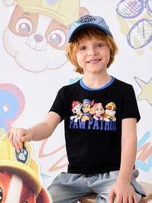 SHEIN | PAW Patrol Young Boy Summer Casual Letter & Dog Print Contrast Trim Round Neck Short Sleeve T-Shirt - Black - View 3