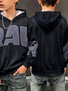 SHEIN 青少年男孩休閒極簡 Y2K 酷風雪花與大字母圖案嘻哈搖滾塗鴉運動風寬鬆舒適長袖運動衫，適合秋冬穿著 - 灰色 - 查看 6
