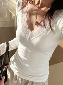 INAWLY Women's Lace Patchwork Pleated Fitted Versatile Casual Daily Top - White - View 5