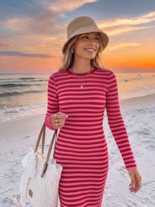 Sylviya Vestido casual de mujer francés de manga larga a rayas rojas para otoño/invierno, ropa de vacaciones de otoño para mujer, vestido elegante, vestidos casuales, vestido de playa - Multicolor - Ver 4