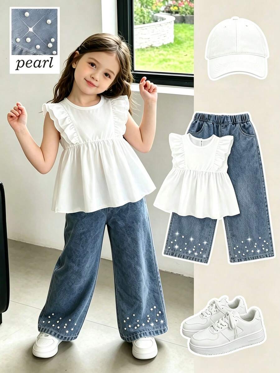 SHEIN Genkimix Kids 2件組女童可愛簡約休閒荷葉邊無袖上衣與時尚鉚釘牛仔褲套裝 返校服裝 白色上衣 夏季校園 - 彩色 - 查看 1