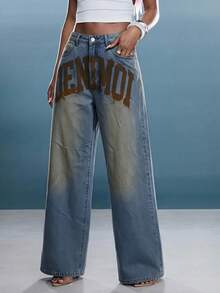 Denimoi Denim Verbiage Washed Straight Leg Jeans Fashionable Streetwear Statement Jeans Washed Jeans - Medium Wash - View 12