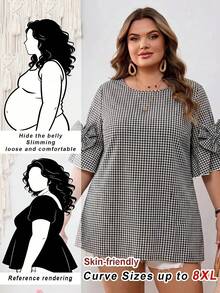 SHEIN CURVE+ 大码女式圆领格子休闲百搭日常衬衫 - 黑與白 - 查看 6