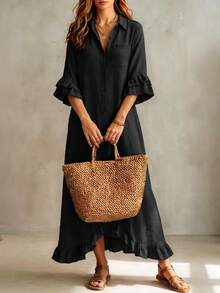 Linhara CURVE Plus Size Women's Solid Color Casual Daily Summer Dress - Black - View 10