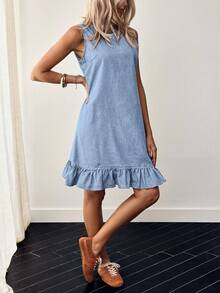 SHEIN LUNE Plus Size Summer Casual Ruffle Hem Denim Dress - Blue - View 4