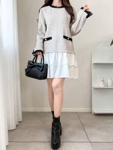 FRIFUL Women's Vintage Jacquard Button Contrast Color Ruffle Multi-Layer Hem Dress - White - View 5