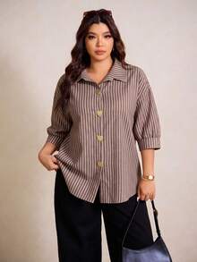 Elaquor Plus Size Casual Commuter Striped Shirt - Brown - View 9