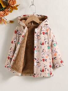 SHEIN Vintaside Kids 女童田園風碎花連帽加厚加絨中長版外套，秋冬款 - 卡其色 - 查看 6