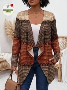 Rosumi Plus Size Rustic Retro Colorblock Patchwork Long Sleeve Open Front Jacket Fall Autumn Casual Layering Going Out Outfits Women Jacket - Multicolor - View 7