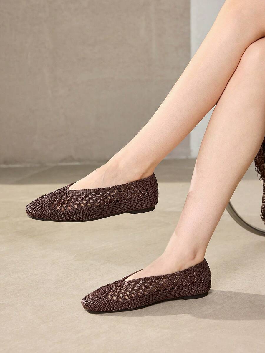 MOTF WOMEN HOLLOW OUT SQUARE TOE FLATS SPRING SHOES - coffee color - View 2