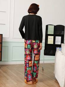 Chillnights Young Cartoon Colorblock Crew Neck Pullover Women's Pajama Set - Multicolor - View 2