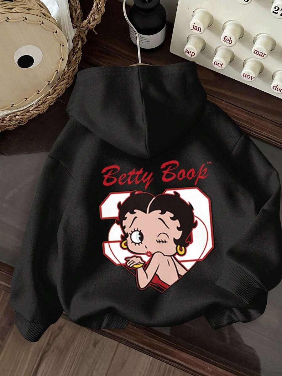 Betty Boop x SHEIN SHEIN EZwear 女款字母卡通圖案休閒日常穿著連帽衛衣 - 黑色 - 查看 1