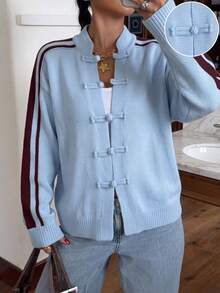 Muchica New Chinese Style Frog Button Cardigan Jacket Chinese Stand Collar Long Sleeve Sweater - Blue - View 3