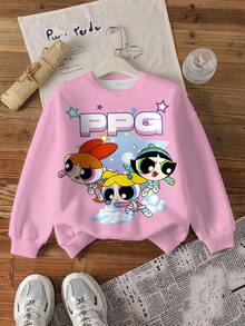 THE POWERPUFF GIRLS X SHEIN 青少年女孩卡通印花圓領抓絨運動衫 - 白色 - 查看 7