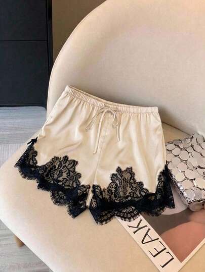 SHEIN Frenchy Women's  Elegant Colorblock Lace Patchwork Shorts,Women's Satin Satin Casual Color Block Lace Shorts,Fall Clothes ,Black Shorts