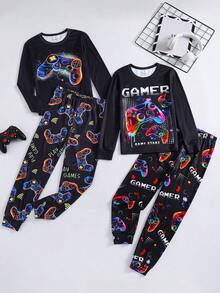 SHEIN 青少年男孩修身螢光遊戲手把圖案圓領長袖褲子休閒舒適居家緊身睡衣套裝多件組合 - 彩色 - 查看 3