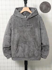 SHEIN 男孩休閒字母圖案兒童刺繡雙面抓絨連帽套頭針織衛衣，適合大學秋季/冬季長袖 - 灰色 - 查看 1