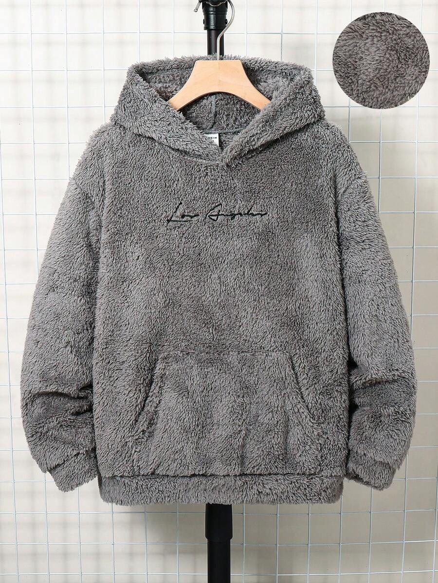 SHEIN 男孩休閒字母圖案兒童刺繡雙面抓絨連帽套頭針織衛衣，適合大學秋季/冬季長袖 - 灰色 - 查看 1