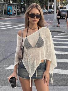 SHEIN ICON 夏季女款性感節慶派對海灘婚禮外出酒紅色鉤編純色不對稱肩休閒百搭針織上衣日常穿搭 - 杏色 - 查看 3