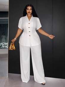 Slaydiva Early Autumn New Arrival Elegant White Fitted Short Sleeve Petal Waist-Cinching A-Line Blazer With Metal Button Decor And Matching Extra Long Pants Women's Plus Size Suit Set For Concert, Party, Wedding Season, Cocktail, Date, Birthday Gathering - White - View 9