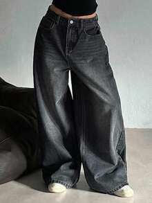 Dazy Plus Blogger Casual Loose Wide Leg Jeans Streetwear Versatile All Season Long Pants Fall - Black - View 4